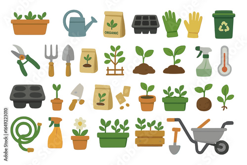 Gardening tools and supplies laid out for planting vegetables and flowers in a backyard garden