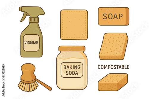 Cleaning supplies and tools for eco-friendly home maintenance with vinegar and baking soda