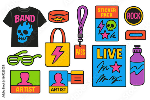Colorful rock band merchandise and accessories displayed, showcasing vibrant designs and creative elements related to live music