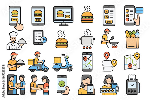 Food delivery app concepts featuring various activities and user interactions in a digital restaurant environment