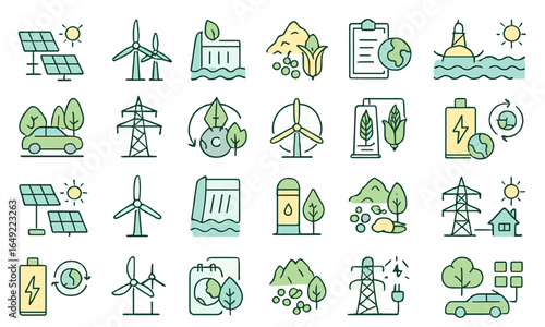 Renewable energy icons illustrating solar, wind, and hydro power sources in a grid layout