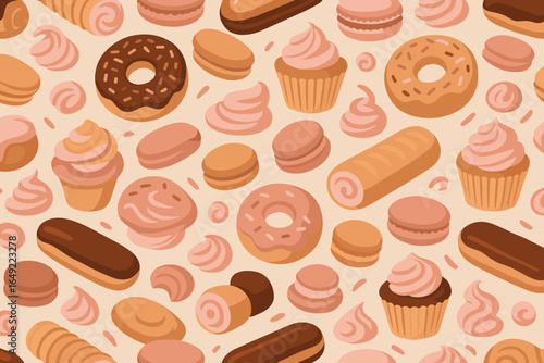 Colorful array of desserts featuring donuts, cupcakes, and cream puffs displayed on a light background