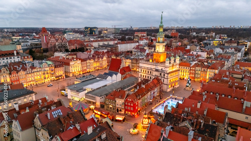 evening view of central square of poznan in winter at sunset