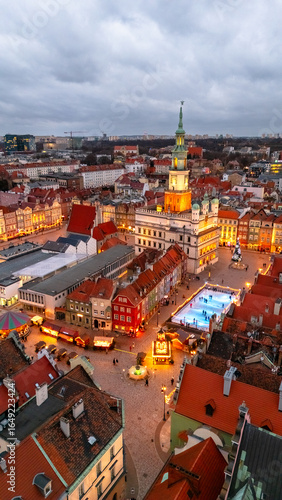 evening view of central square of poznan in winter at sunset