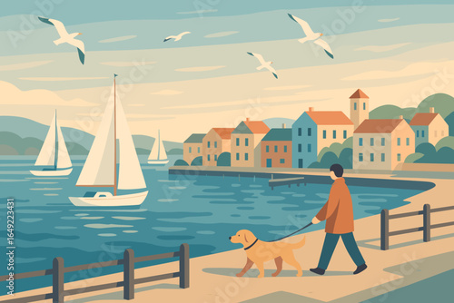 Walking a dog along a waterfront promenade with sailboats and cozy houses in a serene coastal town at sunset