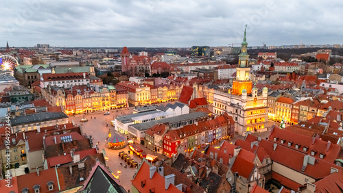 evening view of central square of poznan in winter at sunset
