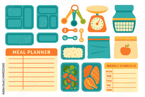 Meal planning tools layout featuring containers, labels, and measurements for organized meal preparation and scheduling