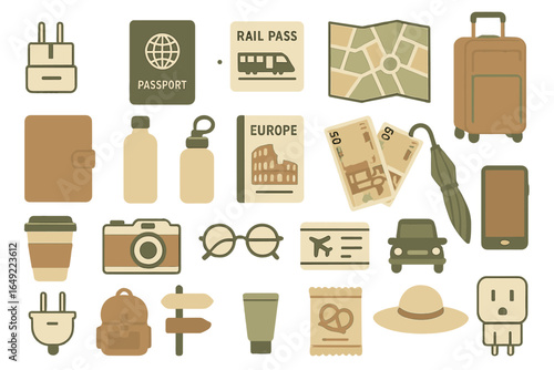 Travel essentials for exploring Europe, featuring passport, rail pass, currency, and luggage in a minimalistic design