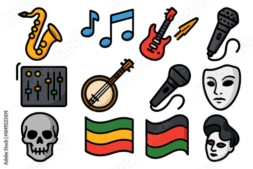 Musical elements and symbols representing diverse genres and cultural influences in a creative layout