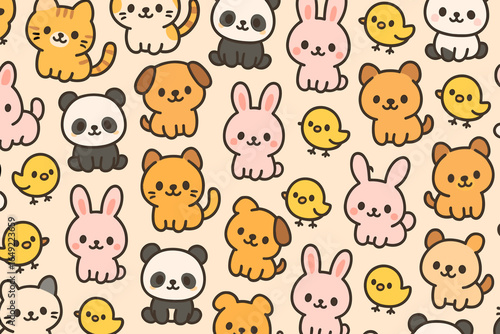 Seamless kawaii animal pattern with cute cartoon cats, pandas, bunnies, puppies, bears, and chicks in pastel colors on a light beige background
