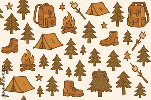 Seamless camping pattern featuring illustrated tents, campfires, pine trees, hiking boots, backpacks, stars, and marshmallows on sticks in earthy brown and green tones on a cream background