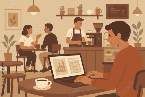 Illustration of people working and socializing in cozy coffee shop with barista, laptop, and warm atmosphere