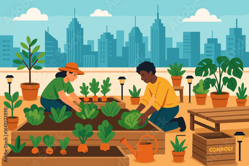 Illustration of people gardening on rooftop with city skyline, growing vegetables, potted plants, and composting