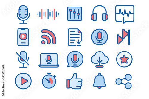 Podcast and audio media icons set with microphone, headphones, sound wave, music controls, file download, share, play button, notification, and social media symbols on blue background