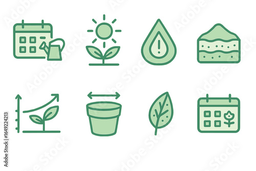 Gardening icons representing growth, watering, and seasonal planning for plant care