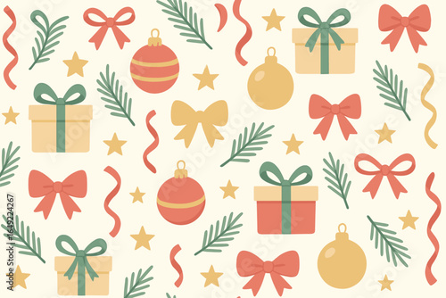 Decorative holiday pattern featuring gifts, ornaments, and festive elements on a light background