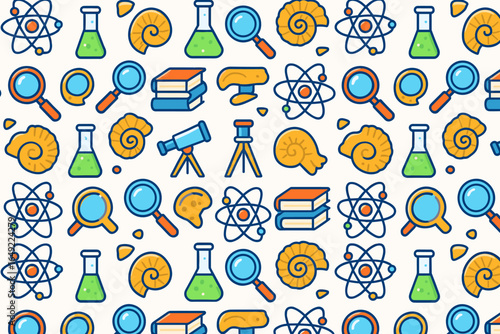 Colorful pattern featuring science tools, shells, and books set against a light background, ideal for educational materials and activities
