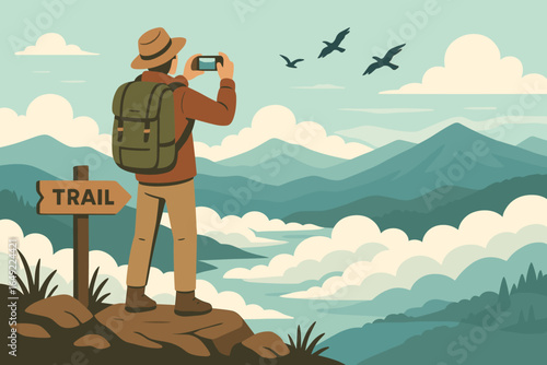 Hiker capturing breathtaking landscape on a mountain trail during a bright day