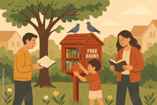 Community members enjoying free books at a little library in a sunny park while spending quality time together