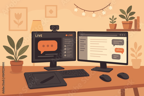 Modern workspace with dual monitors set up for live streaming in a cozy room decorated with plants