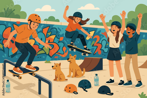 Skateboarders performing tricks at a vibrant skatepark while dogs watch joyfully