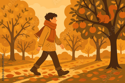 Young boy walks through autumn forest, surrounded by orange leaves and playful squirrel at tree