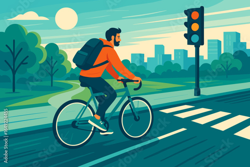Cyclist waits at a traffic light while enjoying a sunny day in the city park area