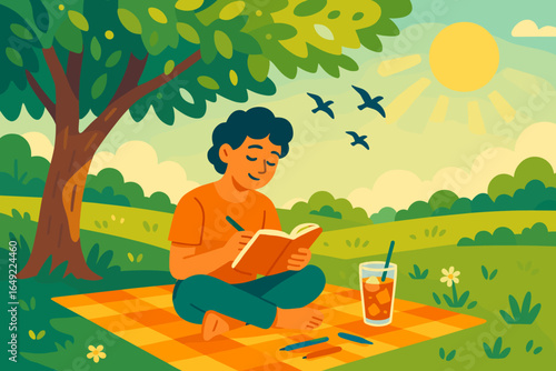 Young person enjoying a peaceful afternoon in a sunny park while writing in a notebook beside a refreshing drink