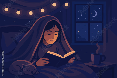 Cozy night of reading under soft lights with a cat in bed and a warm drink nearby