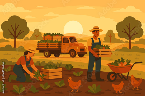 Farmers harvesting vegetables at sunset with chickens nearby in a serene countryside landscape