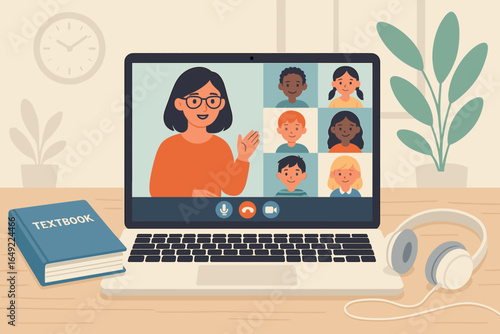 Online learning session with diverse students and teacher in a cozy home environment