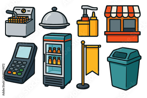 Various food service items visible at a casual dining establishment during lunch hours in an urban area