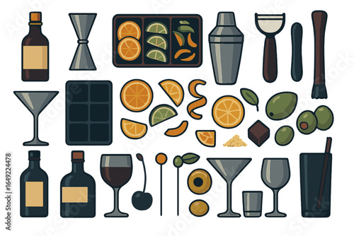 Drink preparation essentials featuring various cocktails and garnishes laid out on a bright background