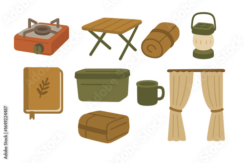 Camping gear and accessories arranged neatly for outdoor adventures in a natural setting