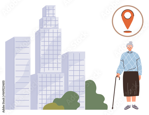 Elderly woman stands with walking cane beside towering buildings and location pin. Ideal for urban navigation, accessibility, aging population, city planning, personal safety, elderly care, mobility