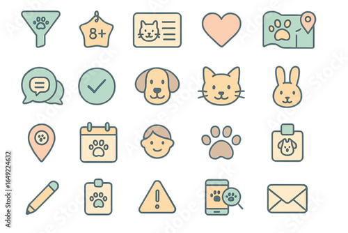 Icons representing pet care services and activities on a digital interface showcasing various pet-related symbols