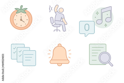 Timer, relaxation, notification, and productivity symbols in an organized layout for efficient work habits