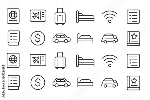 Travel essentials icons for planning trips and accommodations featuring transportation, currency, and amenities