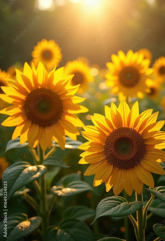 Fototapeta premium vibrant sunflowers bathed soft natural light exuding warmth cheerfulness lush greenery, petal, blooming, wildflower, garden, landscape, nature, flora