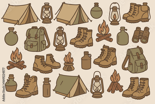 Camping gear and outdoor essentials arranged in a fun pattern ideal for adventurers and nature lovers