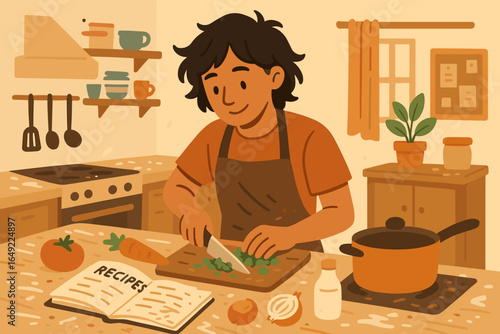 Enthusiastic cook prepares fresh ingredients in a cozy kitchen while following a recipe