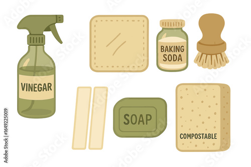 Natural cleaning supplies including vinegar, baking soda, soap, and compostable items for eco-friendly home care
