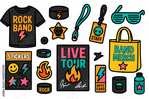 Collection of colorful band merchandise featuring stickers, apparel, and accessories for music enthusiasts at a live tour event