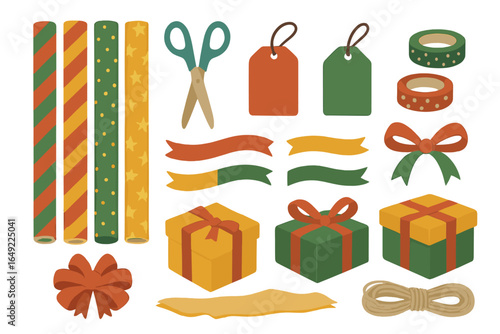 Creative wrapping supplies for festive gift preparation in a bright and cheerful setting
