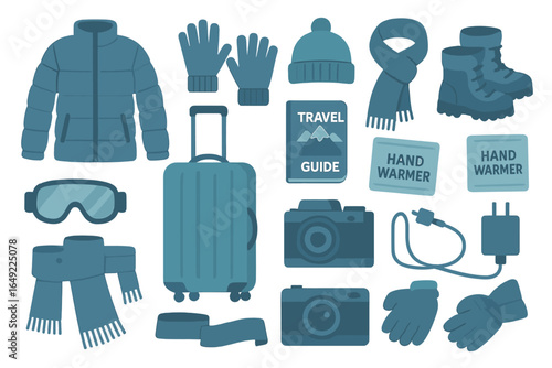 Essential winter travel gear for cold weather adventures featuring jackets, gloves, and travel accessories