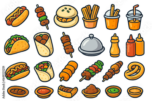 Variety of popular street foods displayed in colorful illustrations including hot dogs, tacos, and kebabs