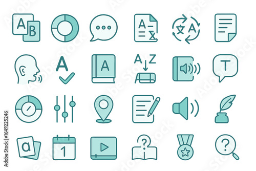 Icons representing various elements of language learning, communication, and education in a modern and minimalist style