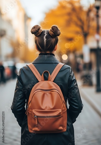 Back to school photo of a young woman with her hair styled in two buns, wearing a black leather jacket and carrying a brown backpack, walks down a city street during autumn