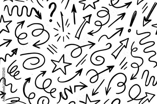 Unique pattern of hand-drawn arrows, stars, and swirls creating a fun and dynamic backdrop design for various projects