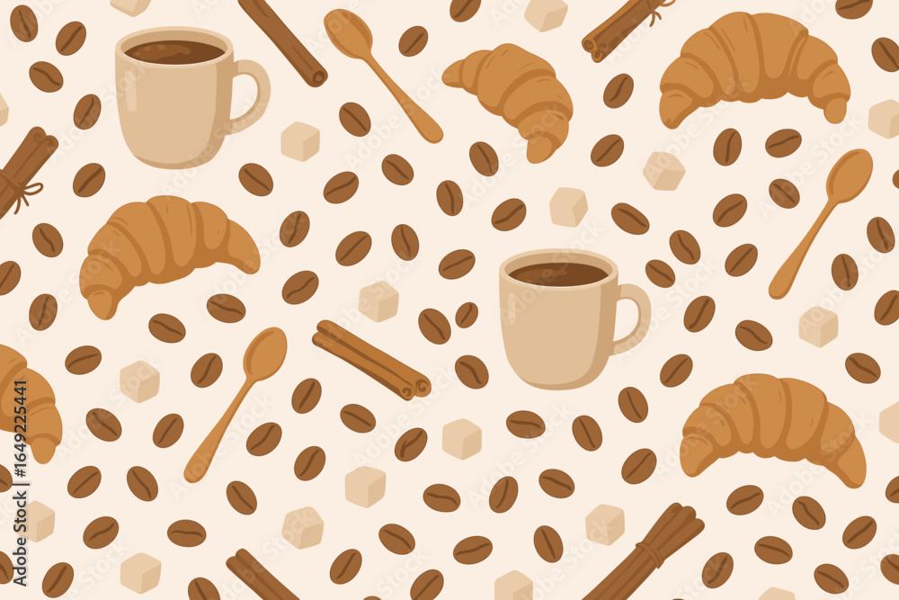 Obraz premium Cozy breakfast pattern featuring coffee, croissants, and sweet treats in a warm color scheme